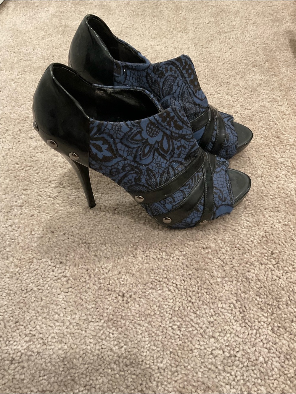 Guess Blue Lace Peep-Toe Stiletto Booties with Black Trim